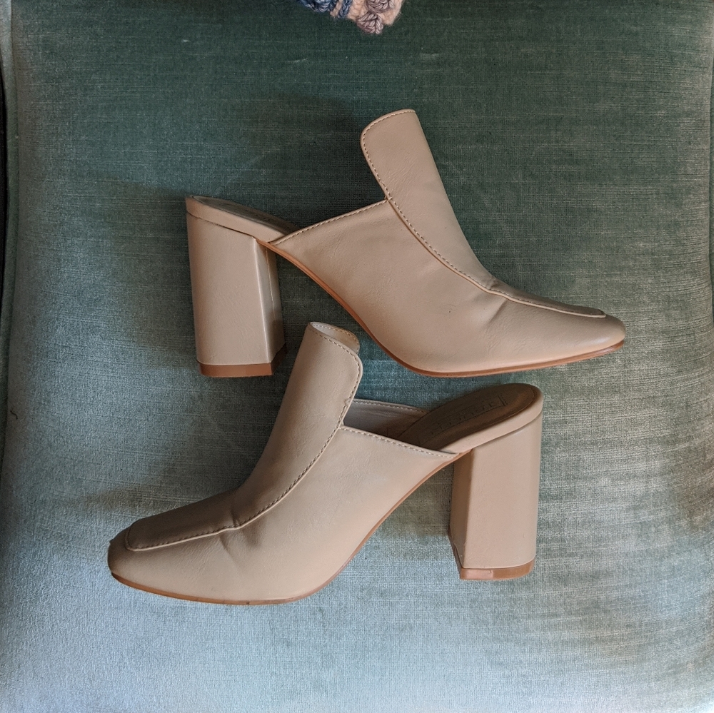 Nude Square-Toed High Heel Mules